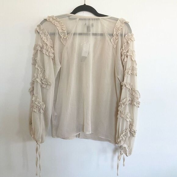 Topshop Ruffle Sheer Long Sleeve Blouse Cream 6 - Picture 5 of 10